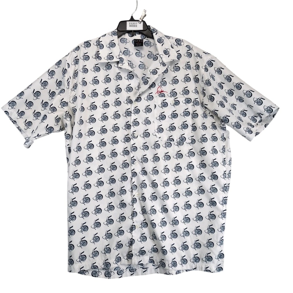 FUBU Satin Button Shirt Men's XL‎ Y2K Streetwear All Over Logo White Navy *Flaw
